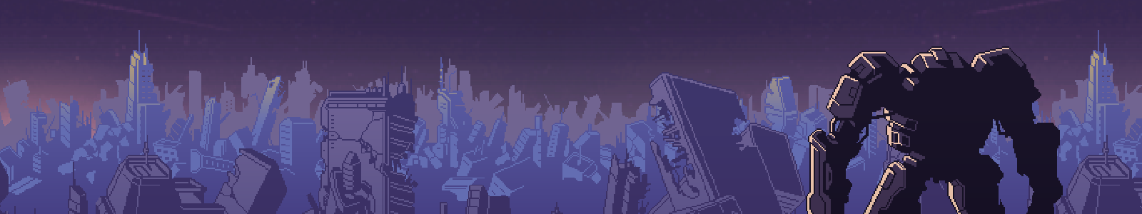 A mech staring at a dystopian horizon filled with destroyed buildings