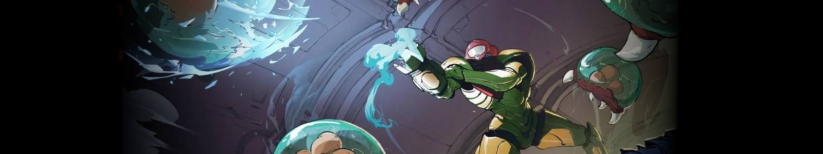 Samus fighting off some metroids