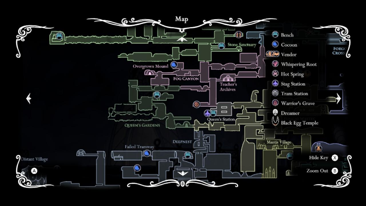 A part of the map of Hallownest, divided in many different sections, with a variety of biomes, enemies and locations