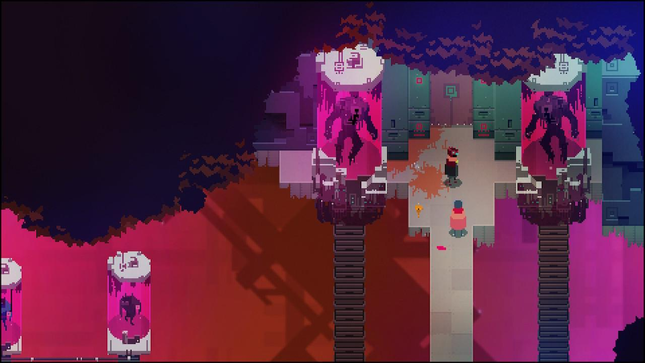 A creepy lab facility filled with containers with strange lifeforms inside, me and my friend are about through a locked door.