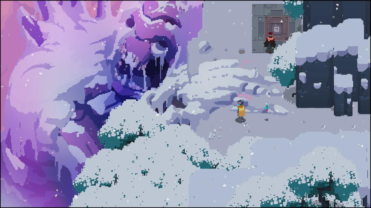 Snowy mountains, the corpse of a giant frozen in place, leaning against the terrain, me and my friend looking at it