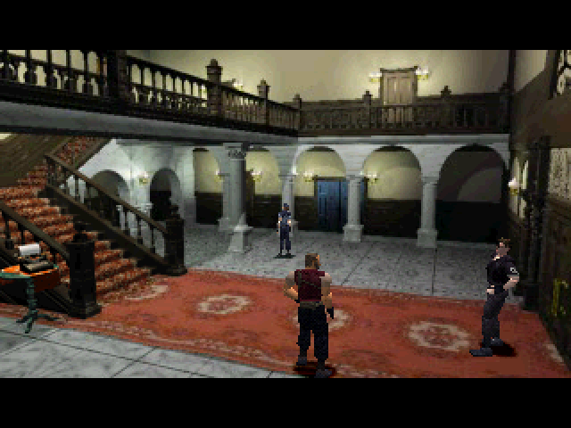 The survivors of your team entering the mansion, Jill, Barry, and Albert Wesker