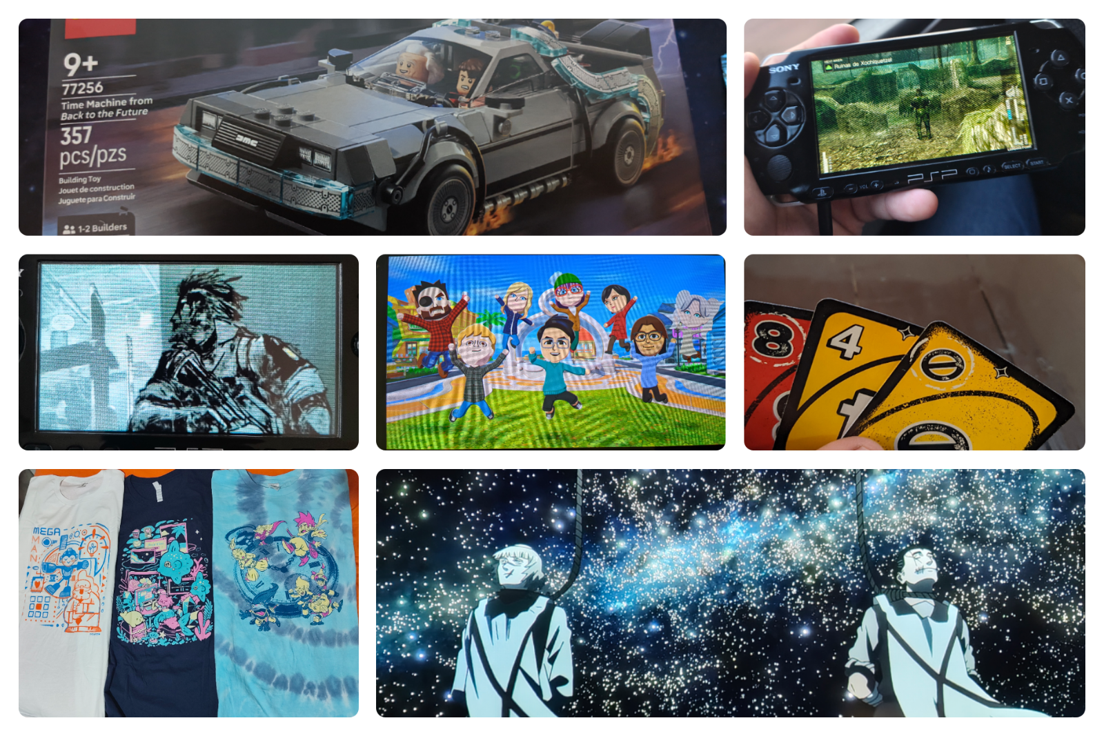 A collage of events that happened this week. My Lego set of the DeLorean, my PSP held in hand, displaying gameplay of MGS Peace Walker, a photo of my Miis from Tomodachi Life, a few cards of Uno Liar's held in hand, the shirts I got from The Yetee, a frame from the Orb anime showing the night sky and two men about to be hanged.