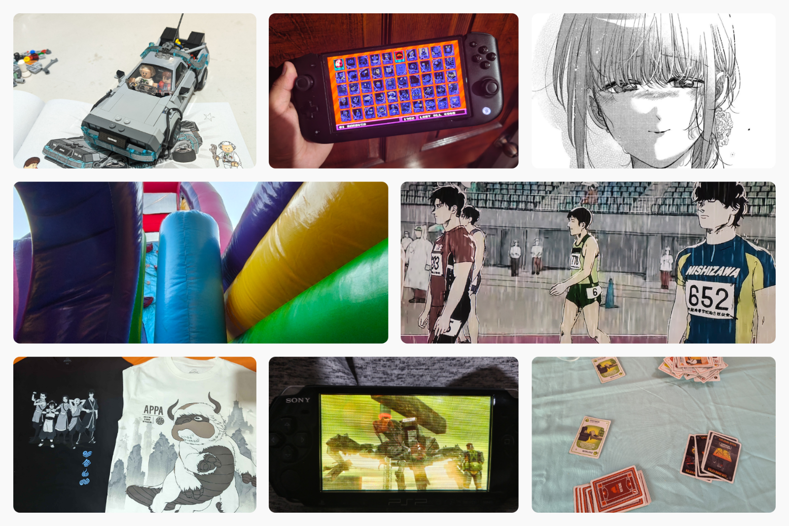 A collage of the events happening this week. An assembled DeLorean, UFO 50 on my Nintendo Switch, a panel of a romance manga, a photo inside the bouncy castle, a frame from the 100 Meters movie, the Avatar t-shirts designs, my PSP with MGS Peace Walker, and a table with cards on top of it.