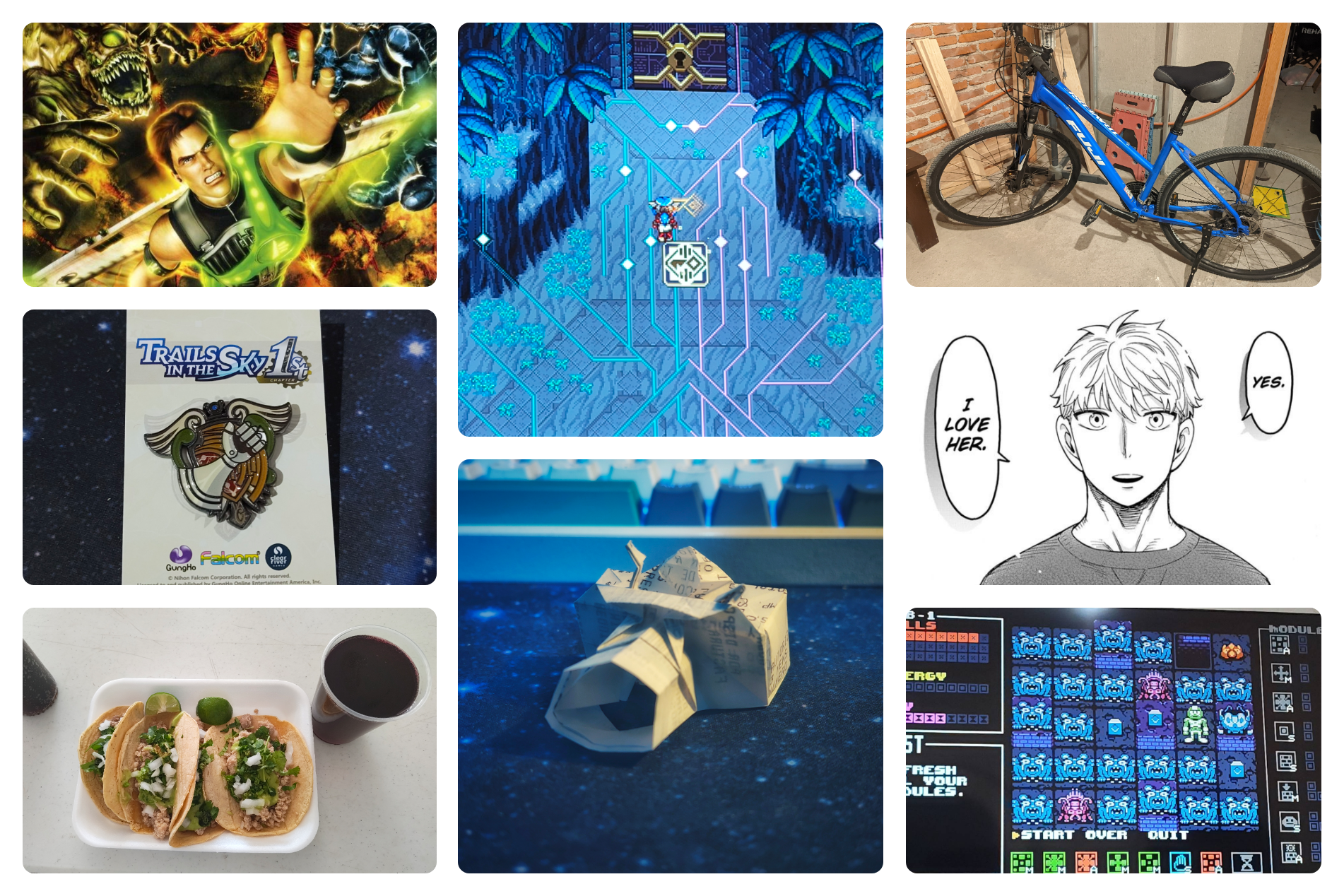 A collage of the events happening this week. Art from the Max Steel movies, screenshot of CrossCode, my bicycle, my Bracer pin, a manga panel, some tacos, an origami camera and UFO 50