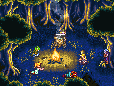 Chrono Trigger characters chilling in a bonfire